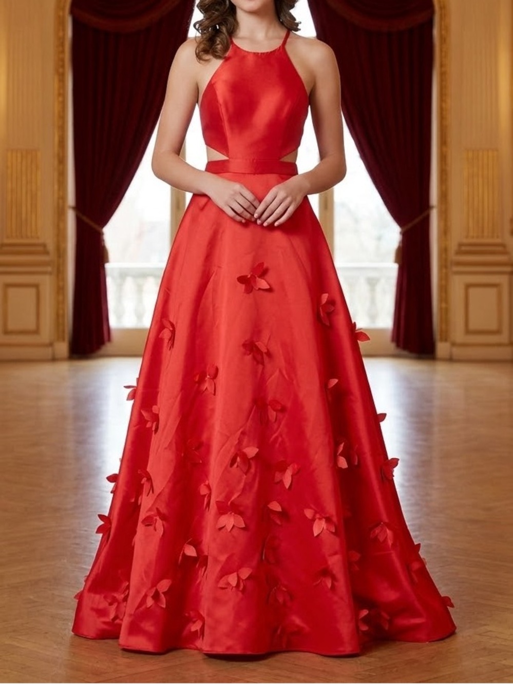 B Darlin Elegant Red A-Line Evening Dress with Floral Appliqué size 5